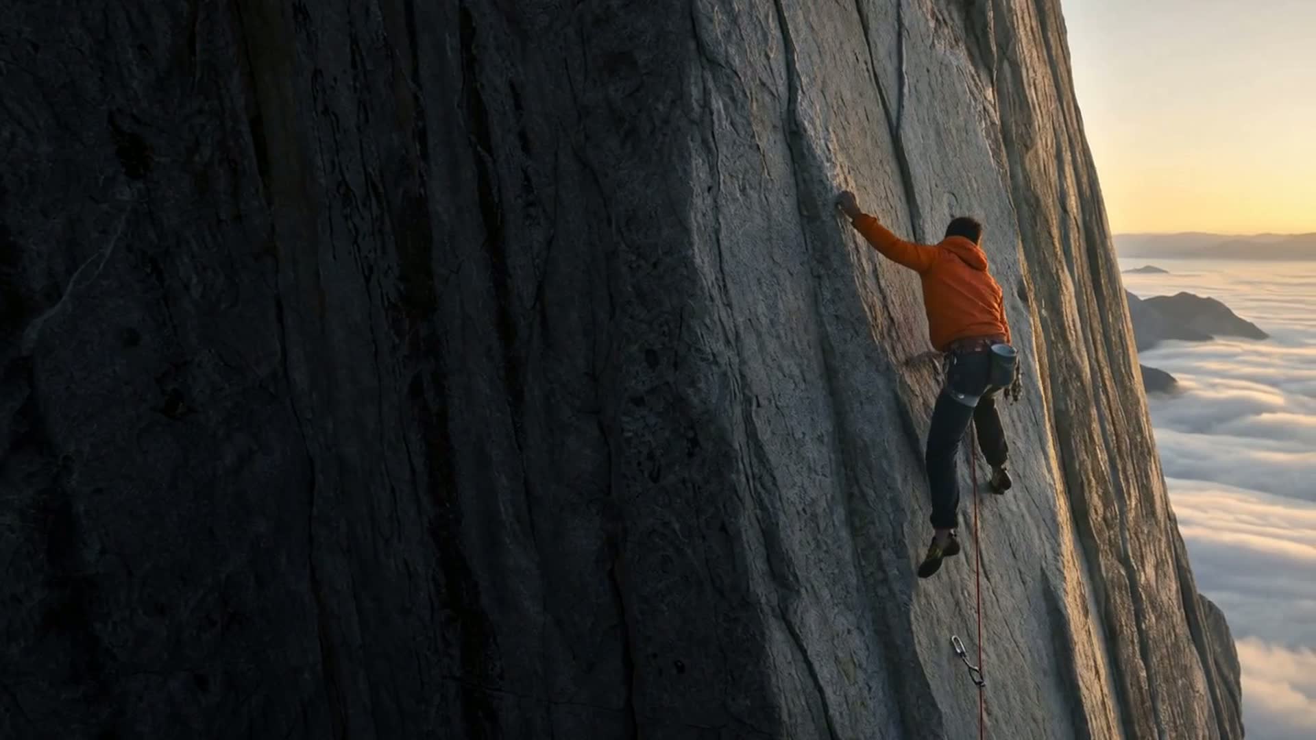 A roped climber in a safety-orange jacket mid-move on an immense pale granite wall at dawn, above a sea of cloud